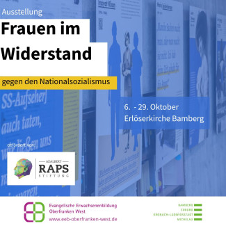 ein blaues Plakat zur Ausstellung Frauen im Widerstand